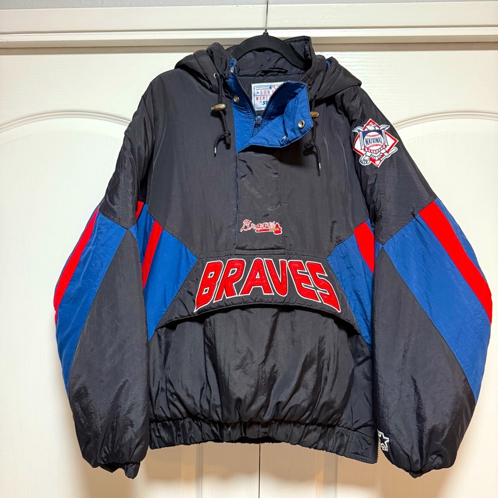 Vintage MLB Atlanta Braves 90s STARTER Windbreaker Pull Over Jacket Size L